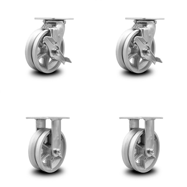 6 Inch V Groove Semi Steel Caster Set with Ball Bearings 2 Brakes 2 Rigid SCC